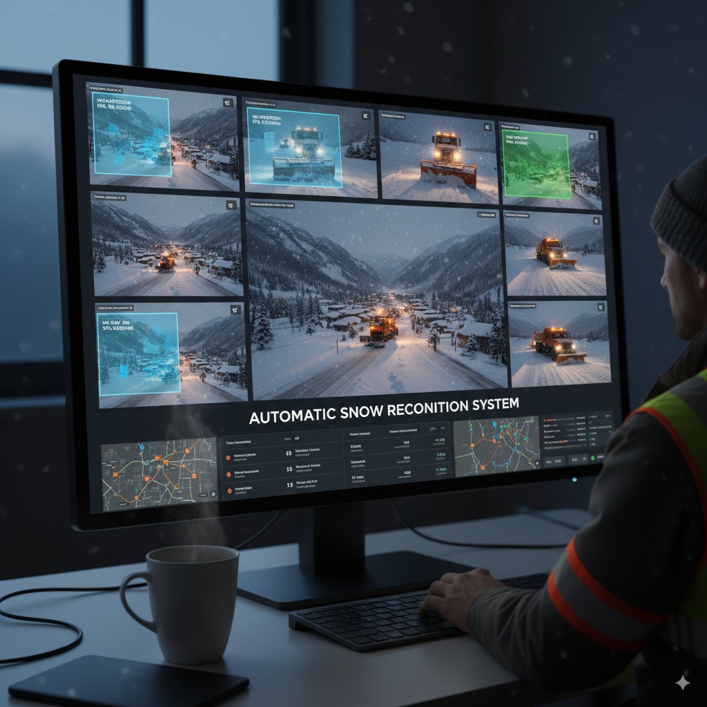 AI snow detection interface showing camera feeds
